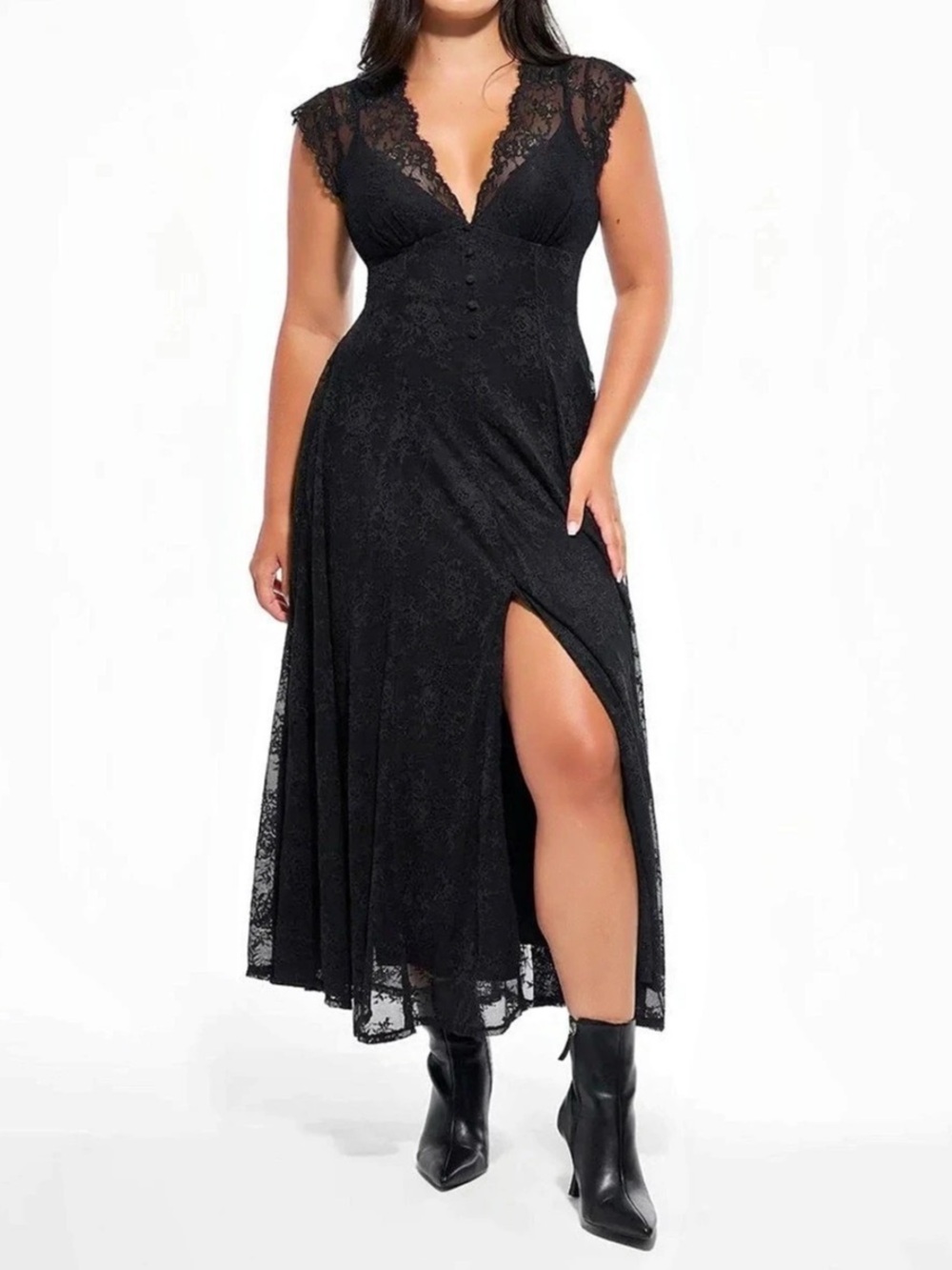 Popilush Shapewear Boho Floral Lace Front Slit Maxi Dress Shapewear Floral Lace